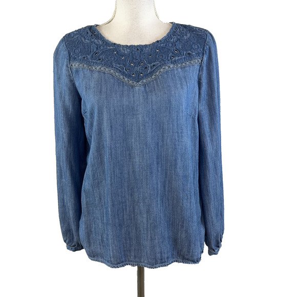 Talbots Blouse Top size Small Denim Chambray Tencel Lace Boho Peasant Modest - Picture 1 of 10
